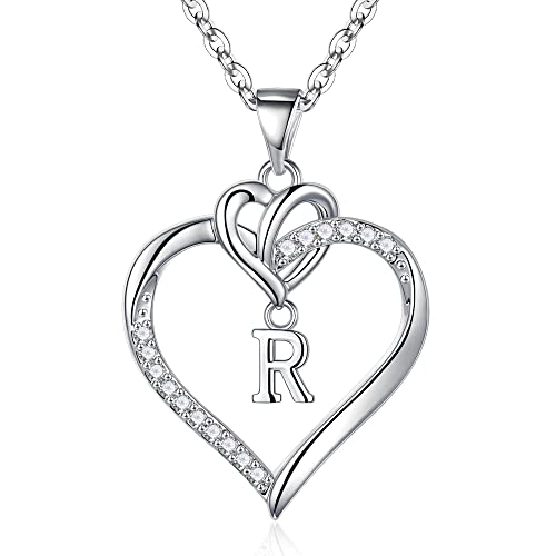 TINGN Collar de Mujer con Letras, Delicado Collar de Corazón para Mujer Colgante Inicial Cadena con Inicial de Plata con Letra R Collar para Mujer Joyería de Corazón Regalo para Madre Mujer Niña