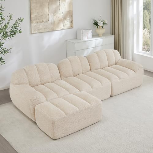 Zravenna Sofá con forma de concha de 3 plazas con cojines profundos, sofá modular sin boneless de 3 plazas, cómodo sofá para salón y apartamento, no requiere montaje, forro polar granulado, beige