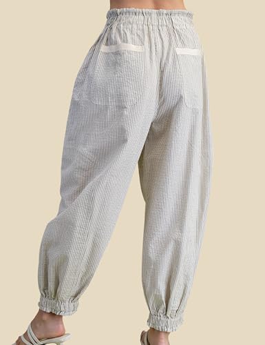 Esmeling Women Casual Striped Parachute Pants Elastic Waist Drawstring Trousers Loose Pants with Pockets2