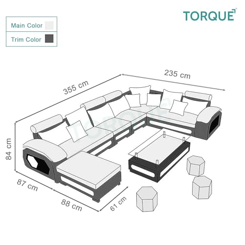 Image of Torque - Silvester 12 Seater U Shaped Sofa for Living Room (Left Side, Sky Blue & Cream) | Large 12-Seater Couch Set with Cushion and Stool | Fabric Sofa for Hall Festival Gifts