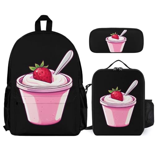 Strawberry Yogurt Backpack 3 Set with Lunch Bag Insulated Shoulder Meal Tote Bags Pencil Case Box Casual Daypack