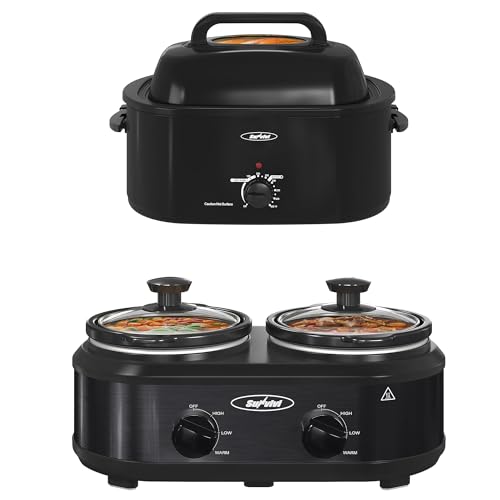Image of Sunvivi Roaster Oven and Slow Cooker, Turkey Roaster 24 QT with Unique Defrost/Warm Function,Black, 2 Pot Small Mini Crock Buffet Server and Warmer,Black