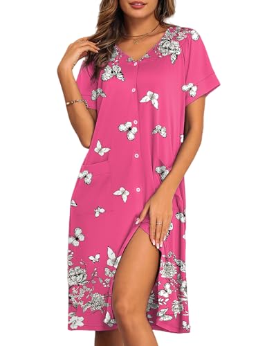 Image of Ekouaer House Dresses for Women with Pockets Button Down Nightgowns Plus Size Moo Moos Mumu Dresses Floral Print S-3XL