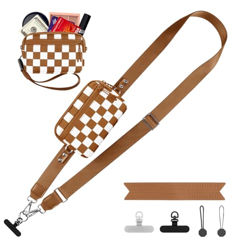 Image of YFWE Clip and Go Strap for Phone with Wallet Crossbody, Adjustable Phone Lanyard with Detachable RFID Wristlet Wallet, Phone Strap with Phone Tabs for All Phones, Bronze Checkered (M)