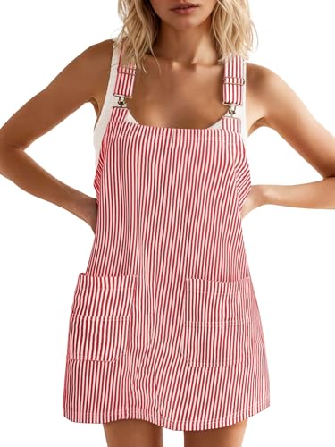 Yousify Womens Casual Denim Dress Fall Striped Overalls Romper Adjustable Straps Sleeveless Jean Dresses with Pockets