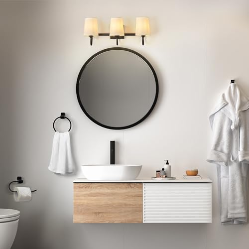 Image of Globe Electric 63000206 5-Piece All-in-One Bathroom Set, 3-Light Vanity Light, Matte Black, Linen Shades, Towel Bar, Robe Hook, Toilet Paper Holder, Towel Ring, Bathroom Lights Over Mirror