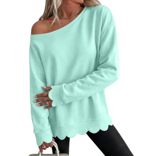 Off Shoulder Sweatshirt for Women Cotton Scalloped Hem Fall Pullover Top - image 1