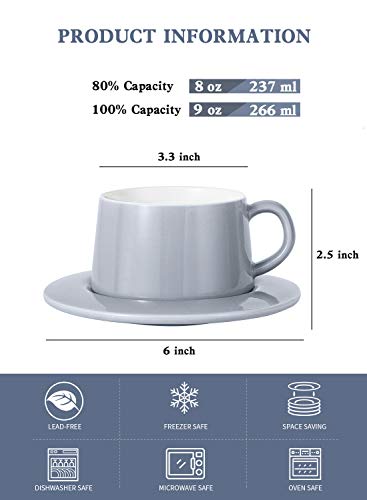 Kanwone Porcelain Stackable Cappuccino Cups with Saucers - 8 Ounce for Specialty Coffee Drinks, Cappuccino, Latte and Americano - Set of 4, Grey