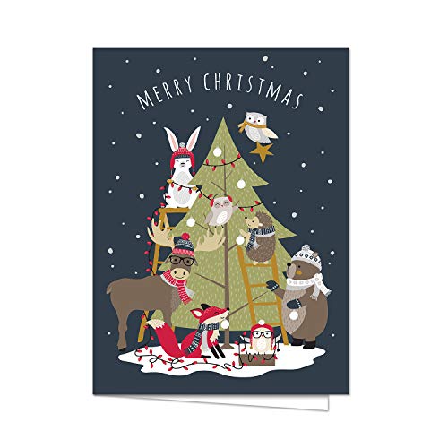 Canopy Street All Together Christmas Cards / 25 Forest Animals Holiday Greeting Cards / 4 5/8" x 6 1/4" Woodland Animal Merry Christmas Evergreen Tree Note Cards With Inside Verse