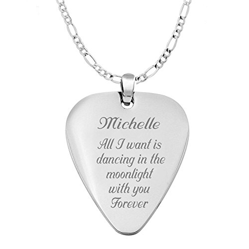Personalized Silver Stainless Steel Guitar Pick Necklace Pendant Custom Engraved Free - Ships from USA