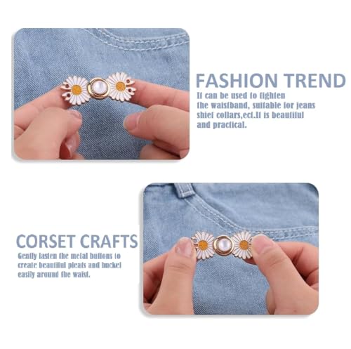 Image of || Set of 2 || Flower Instant Jean Button Pins, Removable Adjustable Pant Waistband Tightener, No-Sew Metal Buttons for Loose Jeans, Easy Clip-On Denim, Skirts &Trousers,Fashion Accessory for Women.