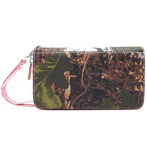 Cowgirl Trendy Camouflage Horse Studded Conchos Rhinestone Floral Tooled Leather Women Double Zipper Wallet Western Wristlets Purse (Fuchsia)