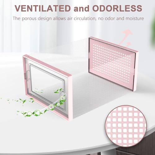 Image of Kuject Shoe Organizers Storage Boxes for Closet, 12 Pack Clear Plastic Stackable Storage Bins with Lids, Under Bed Shoe Containers for Entryway, Drop Front, Fit up to Women's Size 10,Pink