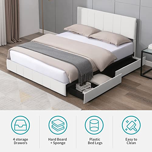 Balus Full Size Bed Frame With 4 Storage Drawers, Upholstered Platform Bed Frame With Headboard Fits 6” To 12” Mattress, No Box Spring Needed (Beige) #TOP5