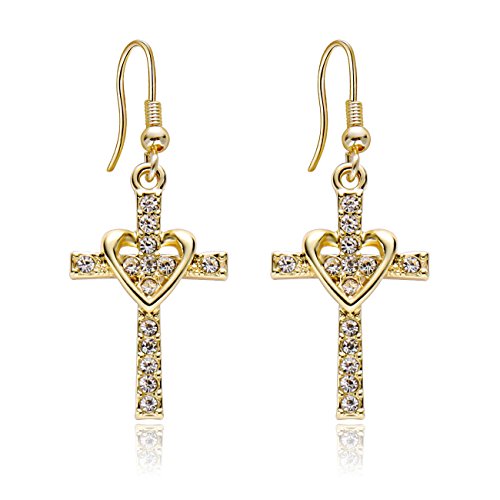 SENFAI Fashion Heart with Crystal Cross Personality Drop Earrings Charm Women Girls (Gold)