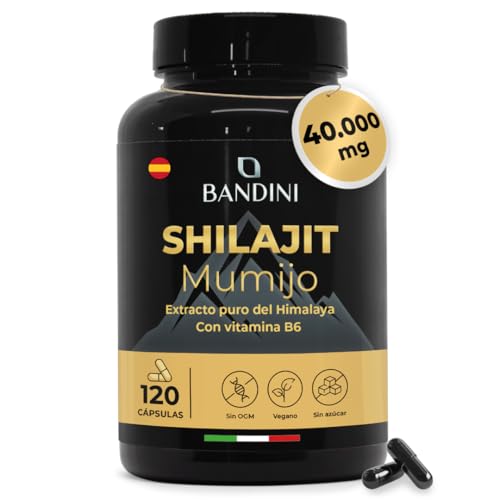 Bandini® Mumijo Shilajit 40.000 mg 120 cápsulas | El original puro del Himalaya, rico en 85 minerales |Con 80% de ácido fúlvico y vitamina B6, más de 85 oligoelementos | Suplemento 100% vegano