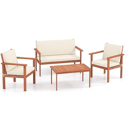 RELAX4LIFE Wood Patio Furniture Set - 4-Piece Acacia Conversation Outdoor Furniture w/Chairs, Loveseat, Coffee Table, Back & Seat Cushions, Wooden Sectional Sofa Set for Porch Pool Garden Backyard (1)