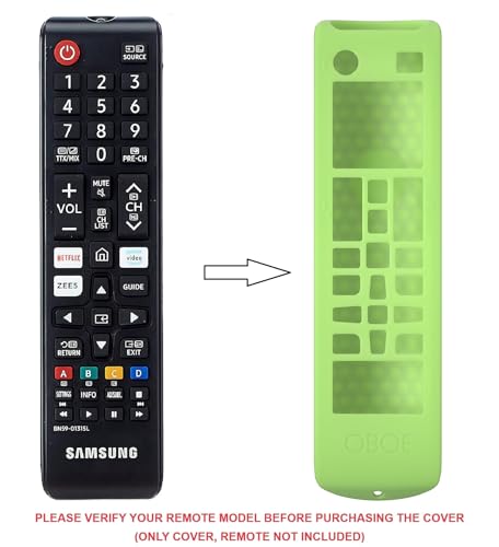 Image of Foxsky Oboe Silicone Remote Cover - Compatible with Samsung Smart TV BN59-01315 & Other TVs - Protective Case with Lanyard & Glow in Dark Green