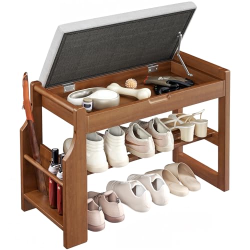 Pipishell 26 Solid Pine Wood Shoe Rack Bench with Soft Cushion 2 Tiers Shoe Storage Organizer with Lift-Top Storage and Side Holder Holds up to 440 lbs Shoe Bench for Entryway Hallway Bedroom