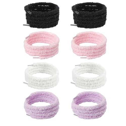 Jecdfs Lot de 4 Paires de Lacets Fluffy pour Chaussures - Lacets en Peluche pour Enfants et Adultes, Résistants et Universels, pour Baskets, Chaussures Athlétiques, Patins - Noir, Rose, Blanc, Violet