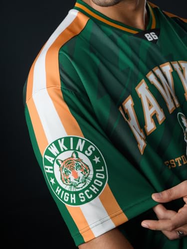 Image of The Souled Store Stranger Things: Hawkins Tigers Men and Boys Short Sleeves V-Neck Dark Green Graphic Printed Easy Dry Polyester Sporty Varsity Oversized Jerseys