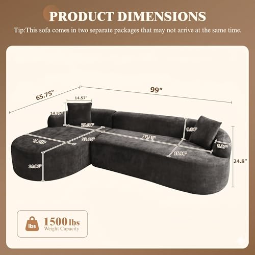 Image of 99 inch Curved Sectional Sofa with Chaise, Black, Left Chaise+Right Sofa | Modern Boneless Couch, Deep Seat, L Shaped 3-Seater Cloud Couch, No Assembly Needed, Chenille