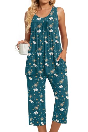 Image of TAOHUADAO Womens Summer 2 Piece Pajama Sets, Sleeveless Tops with Capri Pants, Lounge Ladies Pjs Sets with Pockets