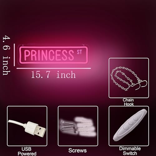 Image of Pink Princess Street Neon Sign for Wall Decor,Princess St Tin Neon Led Sign for Y2k Wall Decor,Girl Bedroom,Girls Cave