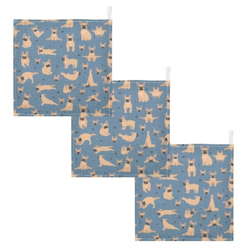 Image of vvfelixl Baby Cotton Washcloths French Bulldog Pug Infants Bath Towel for Unisex Puppy Face Towels for Newborn, Natural Baby Wipes Delicate Skin, 11.8 X 11.8 inch, one sizex3