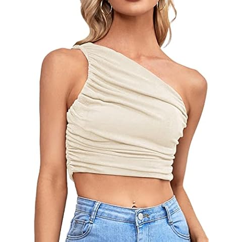 LYANER Women's Sexy Ruched One Shoulder Sleeveless Crop Top Strappy Cami Tank, Beige, S Cover