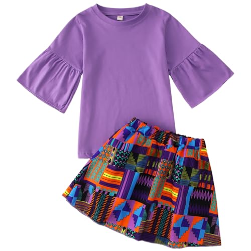 KEKEMI Kid Toddler Girls African Outfit Dashiki Ankara Shirt Black History Month Print Skirt Set Boho Summer Party Clothes(Purple 7T)