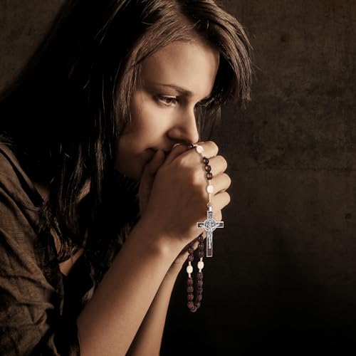 Rosary Beads Catholic for Women Men, 2 PCS Orthodox Rosaries Crucifix Necklace with Saint Benedict Medal Prayer Card, Handmade Wood Rosary Cross Catholic Gifts, Mexican Rosarios Catolicos Para Hombre3