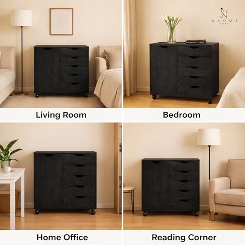 Image of Naomi Home Rolling Storage Cabinet with 5 Drawers & Side Cabinet, Engineered Wood Organizer with Shelves, Handle-Free Design & Swivel Casters for Home Office, Kids Room & Entryway - Distressed Black