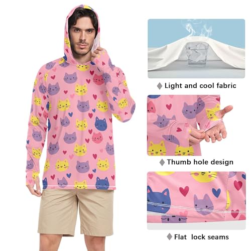 Wudan Valentine's Cartoon Hearts Cat Pink Mens Hoodies Shirts Long Sleeve Hiking Hoodie Swim Shirt UPF 50+ S4
