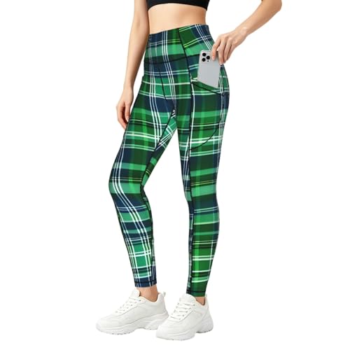 Leggings de gimnasio con estampado de tartán escocés azul y verde con bolsillos para mujer