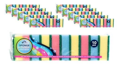 100 x CS Home Sponge Scourers, Multi-Coloured, 10 Packs of 10, Kitchen and Bathroom Cleaning