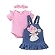 UUAISSO Baby Outfits für Mädchen mit Herz Print kurzärmelig Strampler Hosenträgerrock Bären Kleid Schleife Stirnband 0-18 Monate Rosa Denim 6-12 Monate