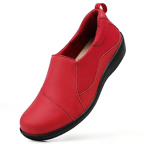 Hueneph Women's Comfort Red Leather Loafers Cute Casual Slip On Lightweight Walking Flats Everyday Work Shoes 6 M US 2305-HON060