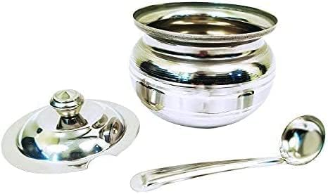 Miniatura 2 de IndiaBigShop Olla de almacenamiento de acero inoxidable para aceite, ghee, sal, té, café, especias, frutas secas, azúcar, olla de ghee con cuchara,