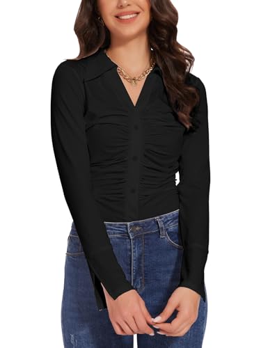 Button Shirts for Women Ruched Long Sleeve Collared Casual Dressy Tops V Neck Blouse2