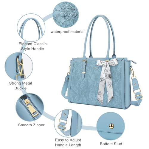 Image of MOSISO Laptop Bag for Women, PU Leather Tote Bag, Front Embossed Retro Hibiscus Computer Bags with Silk Scarf&Clutch Purse