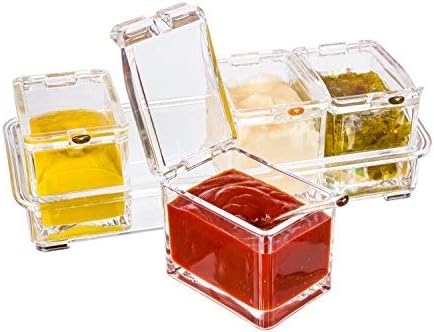 Boxing Week Sale - Best Acrylic Condiment Tray, Excellent Gift, 4 Removable Pots with Separate Lids and Spoons. Ice Chamber. Condiments, Candy, Nuts, Fruit, Seasoning And Spice Rack Compartments Dish