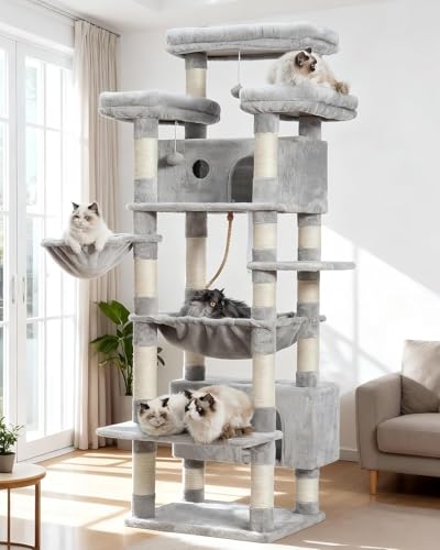 Gitelsnour Cat Tree for Indoor Cats Large Adult, 188cm Cat Tower for with 3 Big Platforms, 2 Baskets, 2 Condos, Multi-Level Cat Scratching Posts, Light Gray GCT030W
