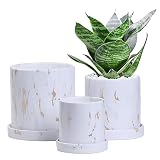 Ton Sin Marble Flower Pots Set of 3,Plant Pot with Drainage and Saucer,Succulent Pots for Indoor Pla