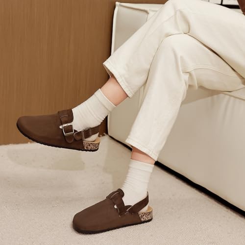 Image of Women's Suede Clogs with Back Strap Men's Cork Footbed Leather Mules Clogs for Women Comfort Memory Foam Slingback Clog Sandals with Adjustable Buckle Slip on Potato Shoes