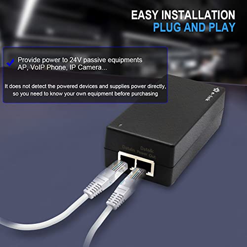 Image of Gigabit Passive PoE Injector 24W POE Adapter 36-72V DC Input 24V PoE Output Converter (Not for 802.3af /at Devices) Compatible with 24V Passive Netgear and Mikroik Devices