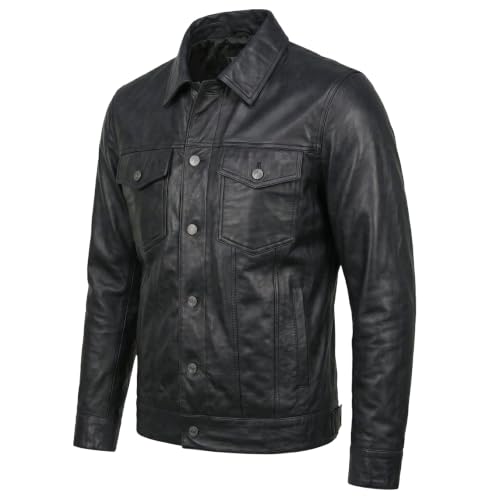 Image of Vintage Style Trucker Leather Jacket Men Real Lambskin Vintage Trucker Shirt Collar Mens Leather Jackets