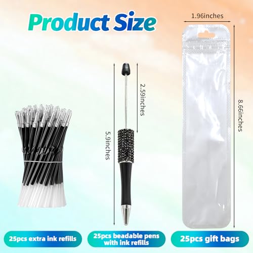 Image of 75 Pcs DIY Diamond Beadable Pen Kit - 25 Plastic Rhinestone Beaded Pens Bulk with Refills & Bags - Fancy Cute Glitter Pens for Crafting, Students & Teachers - School Supplies (Black)