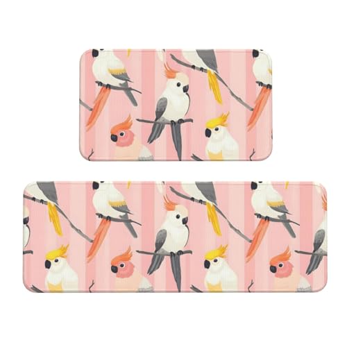 GVYGVY Antifatigue Kitchen Mats for Floor 2 Piece - Cool Parrot Yellow Pink Print Kitchen Rugs Washable, Non Slip Runner Rug Standing Mat for Office/Bathroom/Laundry/Home Decor and Accessories