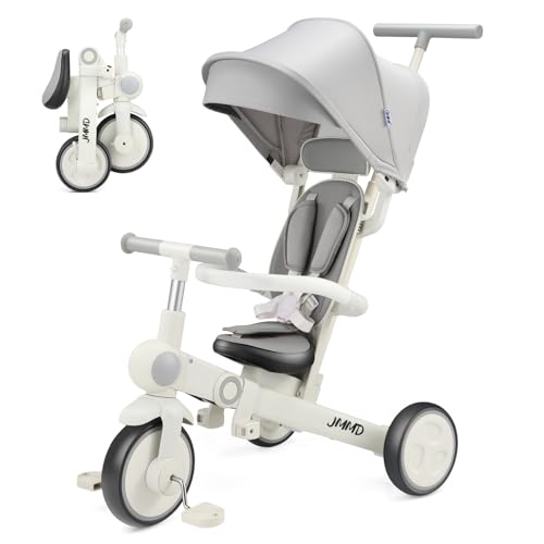 Image of JMMD Baby Tricycle, 7-in-1 Multifunctional Kids Trike with Adjustable Parent Handle, Safety Harness & Wheel Brakes, Removable Canopy, Stroll Trike for Boys & Girls Ages 18 Months-5 Years, Gray